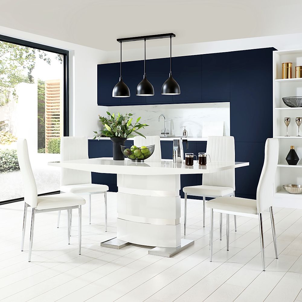 Komoro Dining Table & 6 Leon Chairs, White High Gloss & Chrome, White Classic Faux Leather, 160cm