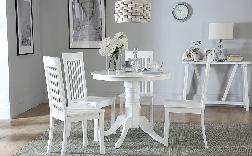 Kingston Round Dining Table & 4 Oxford Chairs, White Wood, 90cm