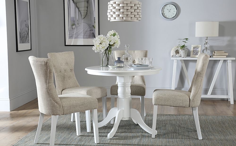 Kingston Round Dining Table & 4 Bewley Chairs, White Wood, Oatmeal Classic Linen-Weave Fabric, 90cm