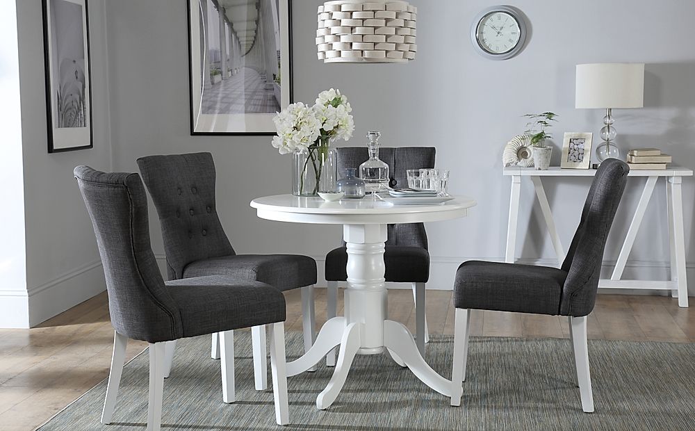 Kingston Round Dining Table & 4 Bewley Chairs, White Wood, Slate Grey Classic Linen-Weave Fabric, 90cm