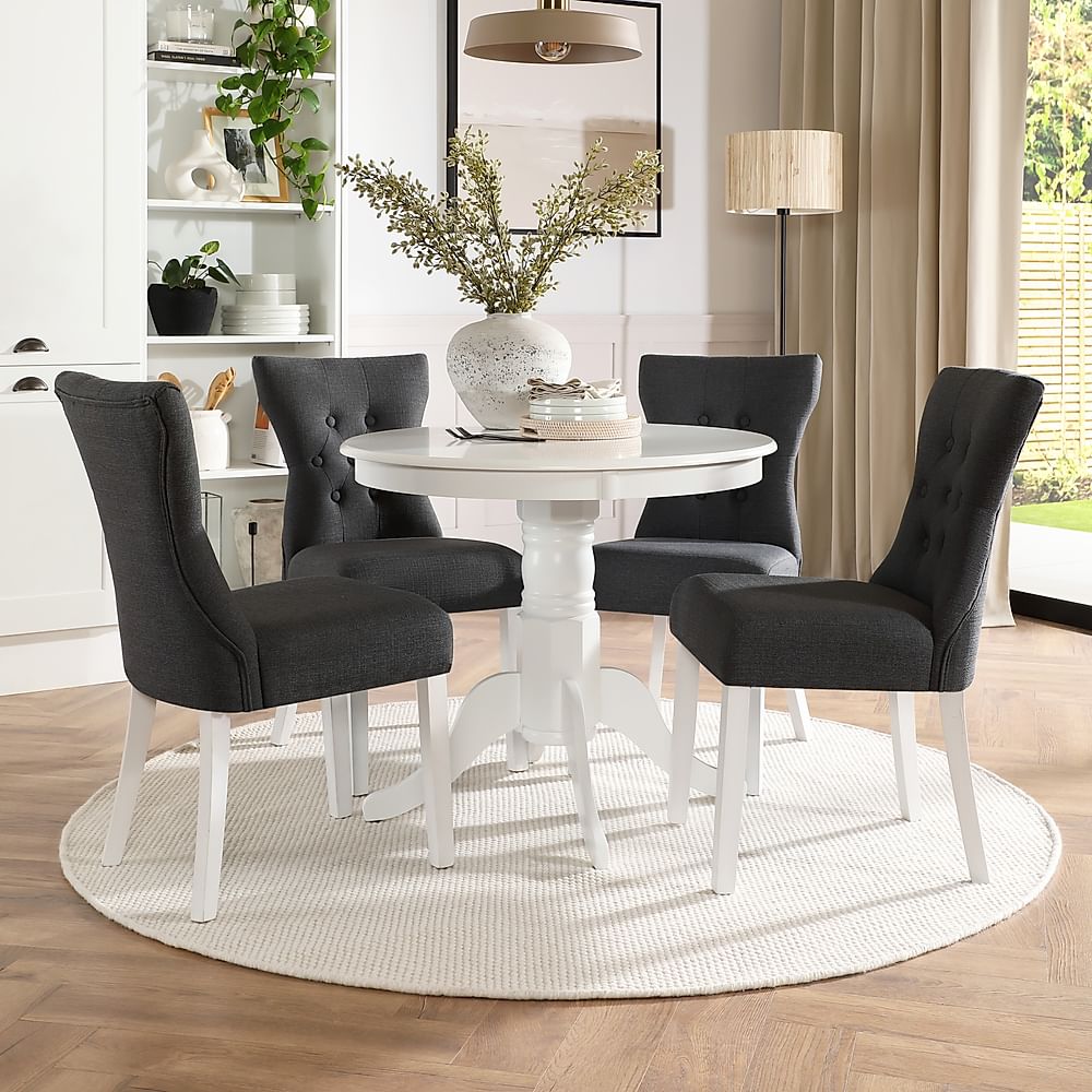 Kingston Round Dining Table & 4 Bewley Chairs, White Wood, Slate Grey Classic Linen-Weave Fabric, 90cm