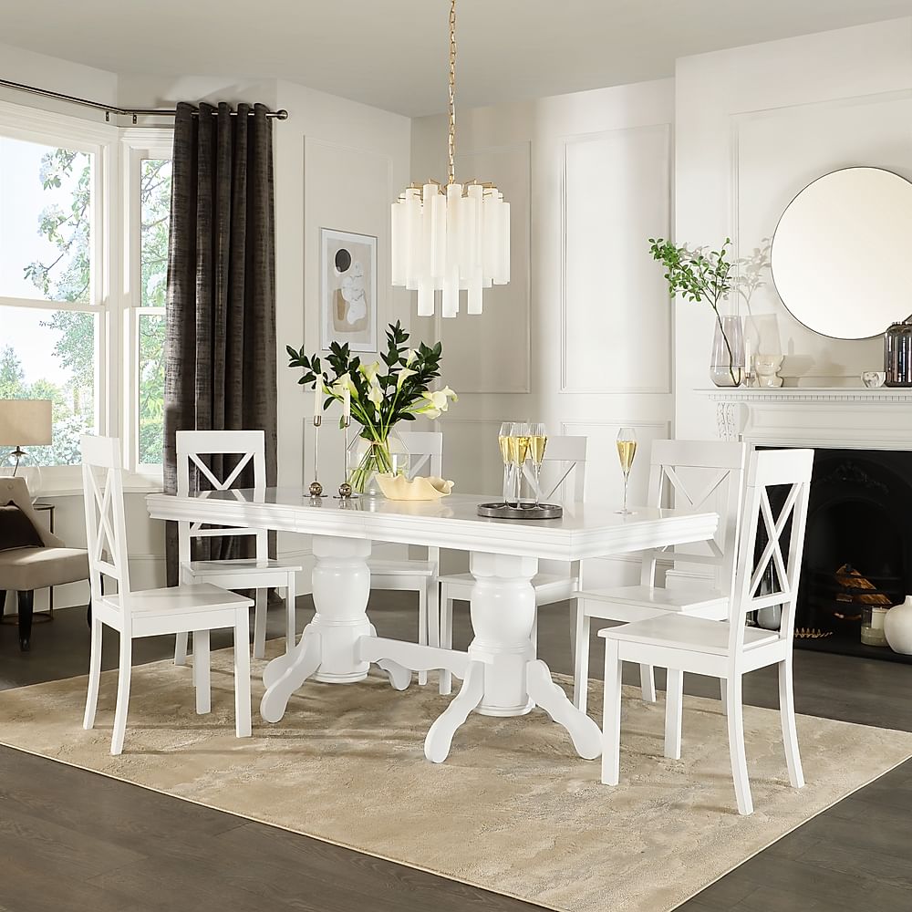 Chatsworth Extending Dining Table & 6 Kendal Chairs, White Wood, 150-180cm