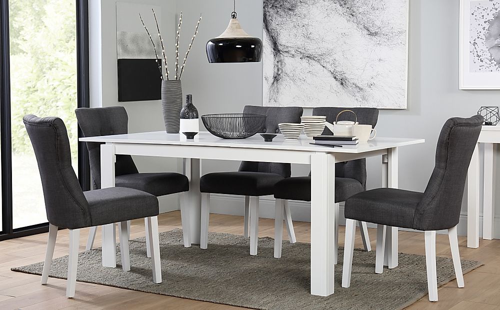Aspen Extending Dining Table & 6 Bewley Chairs, White Wood, Slate Grey Classic Linen-Weave Fabric, 150-180cm