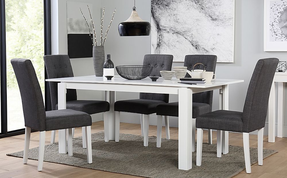 Aspen Extending Dining Table & 6 Regent Chairs, White Wood, Slate Grey Classic Linen-Weave Fabric, 150-180cm
