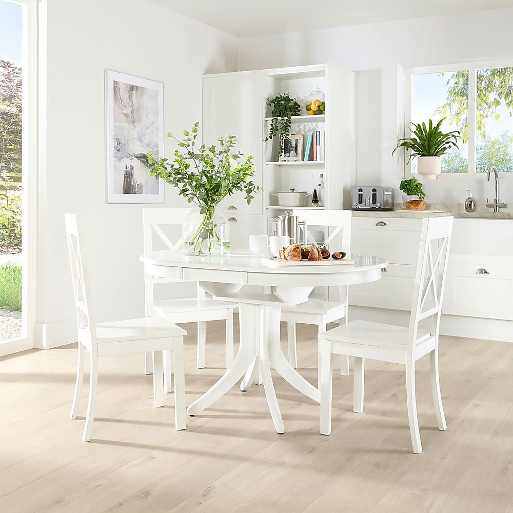 Hudson Round Extending Dining Table & 4 Kendal Chairs, White Wood, 90-120cm