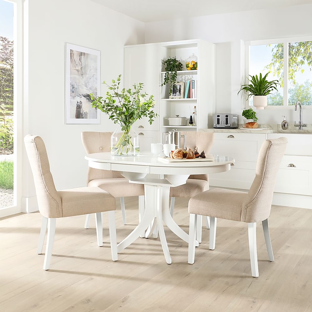 Hudson Round Extending Dining Table & 4 Bewley Chairs, White Wood, Oatmeal Classic Linen-Weave Fabric, 90-120cm