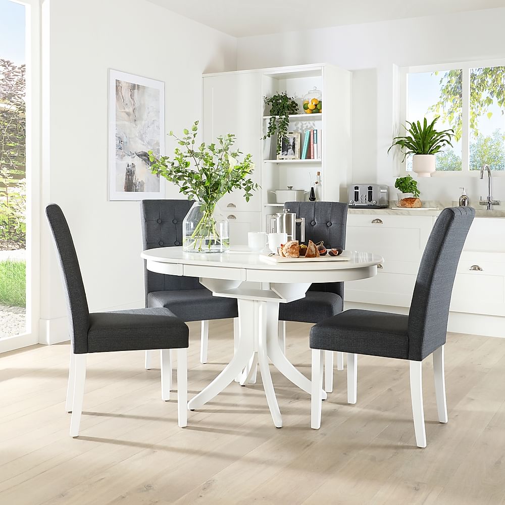 4 Regent Slate Fabric Chairs, Round White Dining Table Extendable