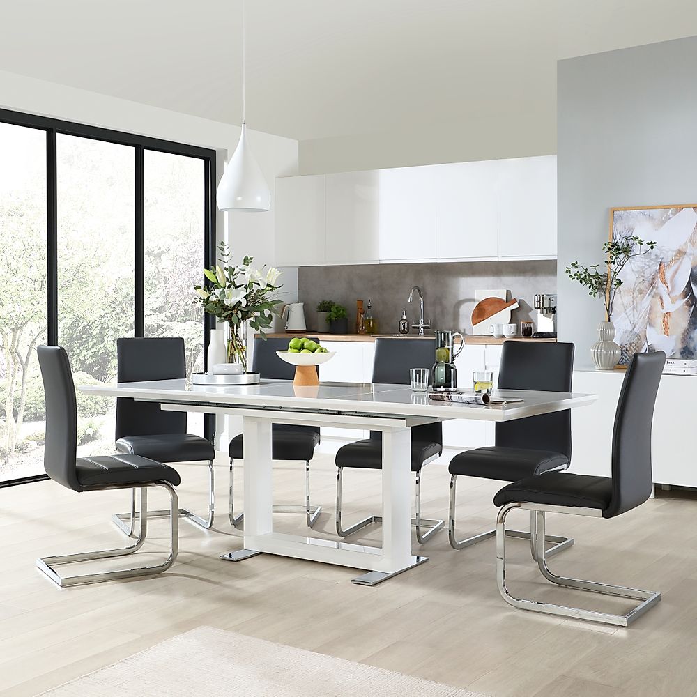 Tokyo Extending Dining Table & 4 Perth Chairs, White High Gloss, Grey Classic Faux Leather & Chrome, 160-220cm