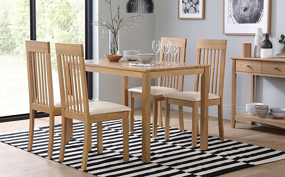 Milton Dining Table & 4 Oxford Chairs, Natural Oak Finished Solid Hardwood, Ivory Classic Faux Leather, 120cm