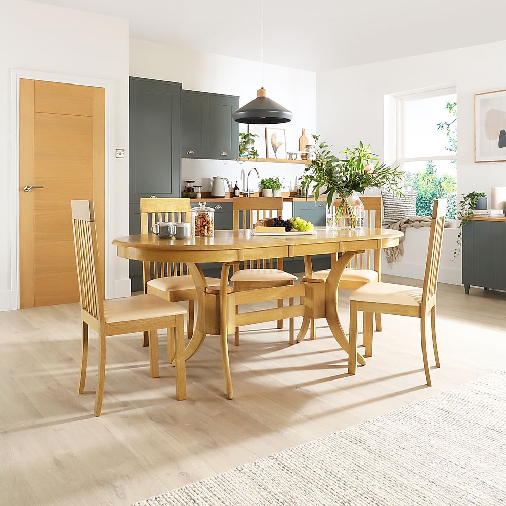 Townhouse Oval Extending Dining Table & 4 Oxford Chairs, Natural Oak Finished Solid Hardwood, Ivory Classic Faux Leather, 150-180cm