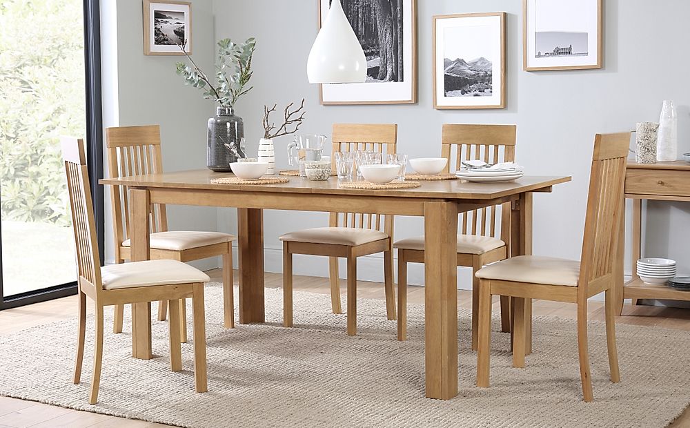 Bali Extending Dining Table & 6 Oxford Chairs, Natural Oak Finished Solid Hardwood, Ivory Classic Faux Leather, 150-180cm