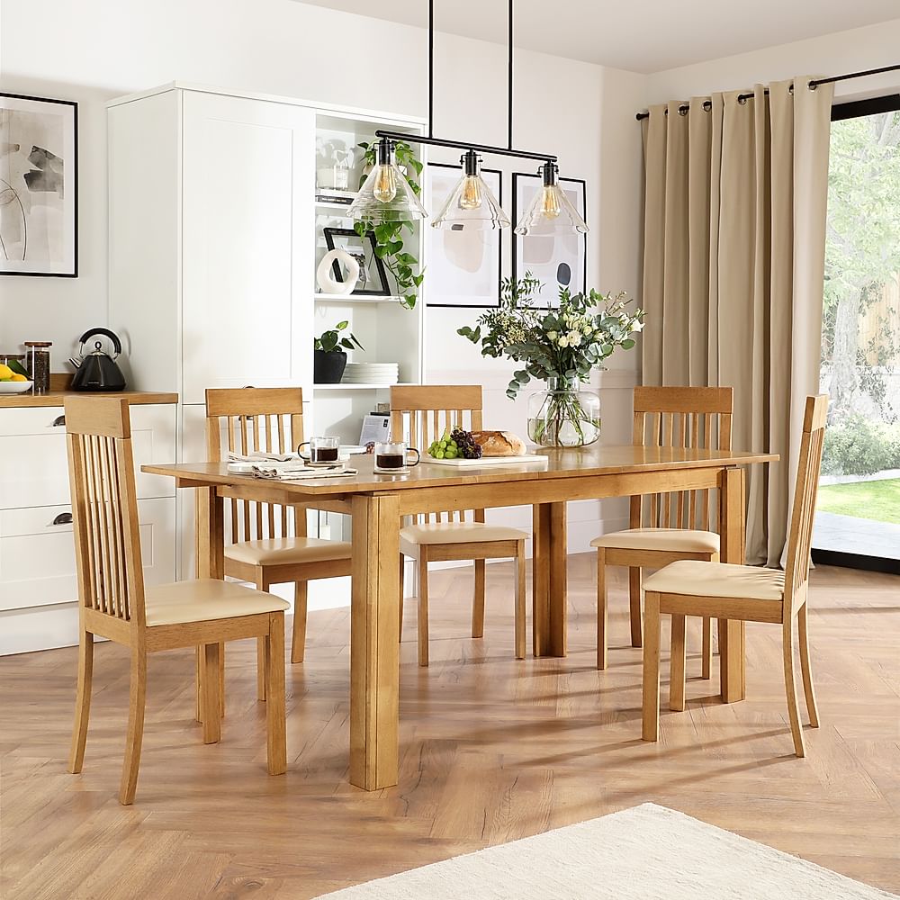 Bali Extending Dining Table & 6 Oxford Chairs, Natural Oak Finished Solid Hardwood, Ivory Classic Faux Leather, 150-180cm