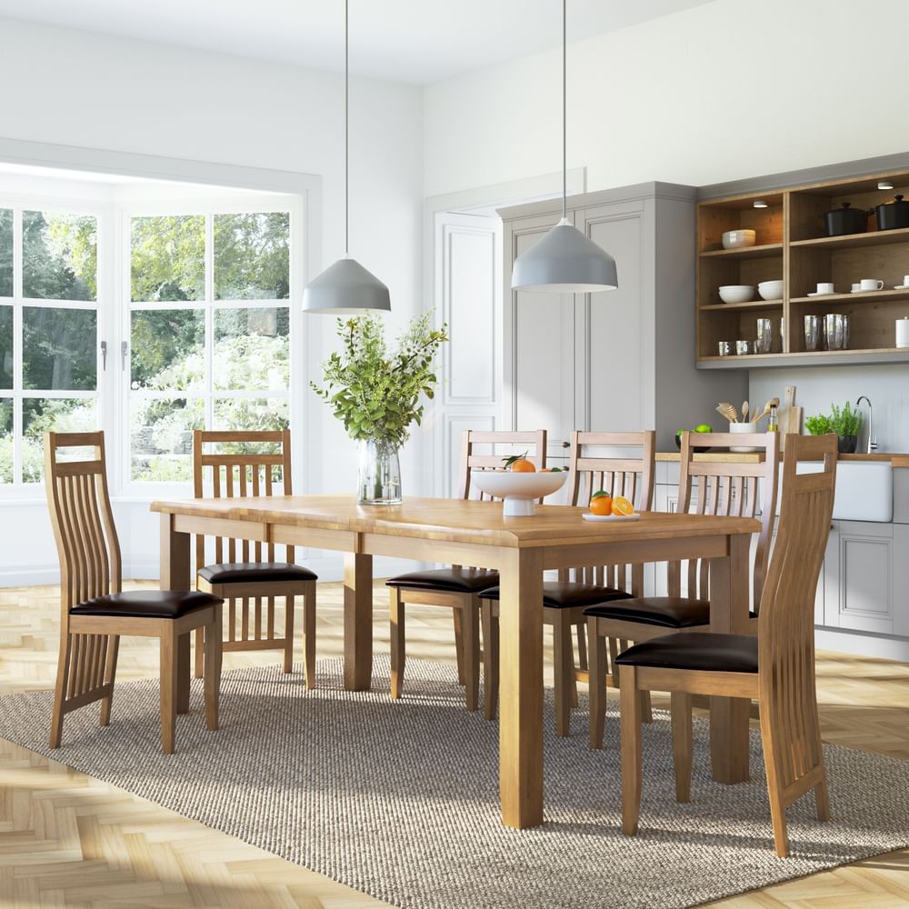 Highbury Extending Dining Table & 8 Bali Chairs, Natural Oak Finished Solid Hardwood, Brown Classic Faux Leather, 150-200cm