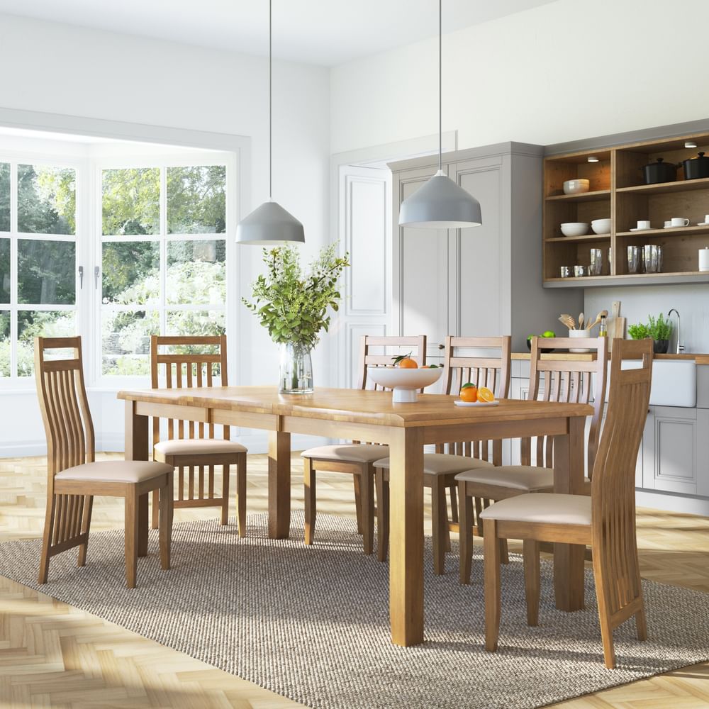 Highbury Extending Dining Table & 4 Bali Chairs, Natural Oak Finished Solid Hardwood, Ivory Classic Faux Leather, 150-200cm