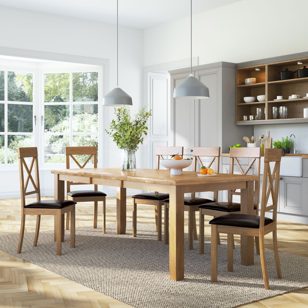 Highbury Extending Dining Table & 8 Kendal Chairs, Natural Oak Finished Solid Hardwood, Brown Classic Faux Leather, 150-200cm