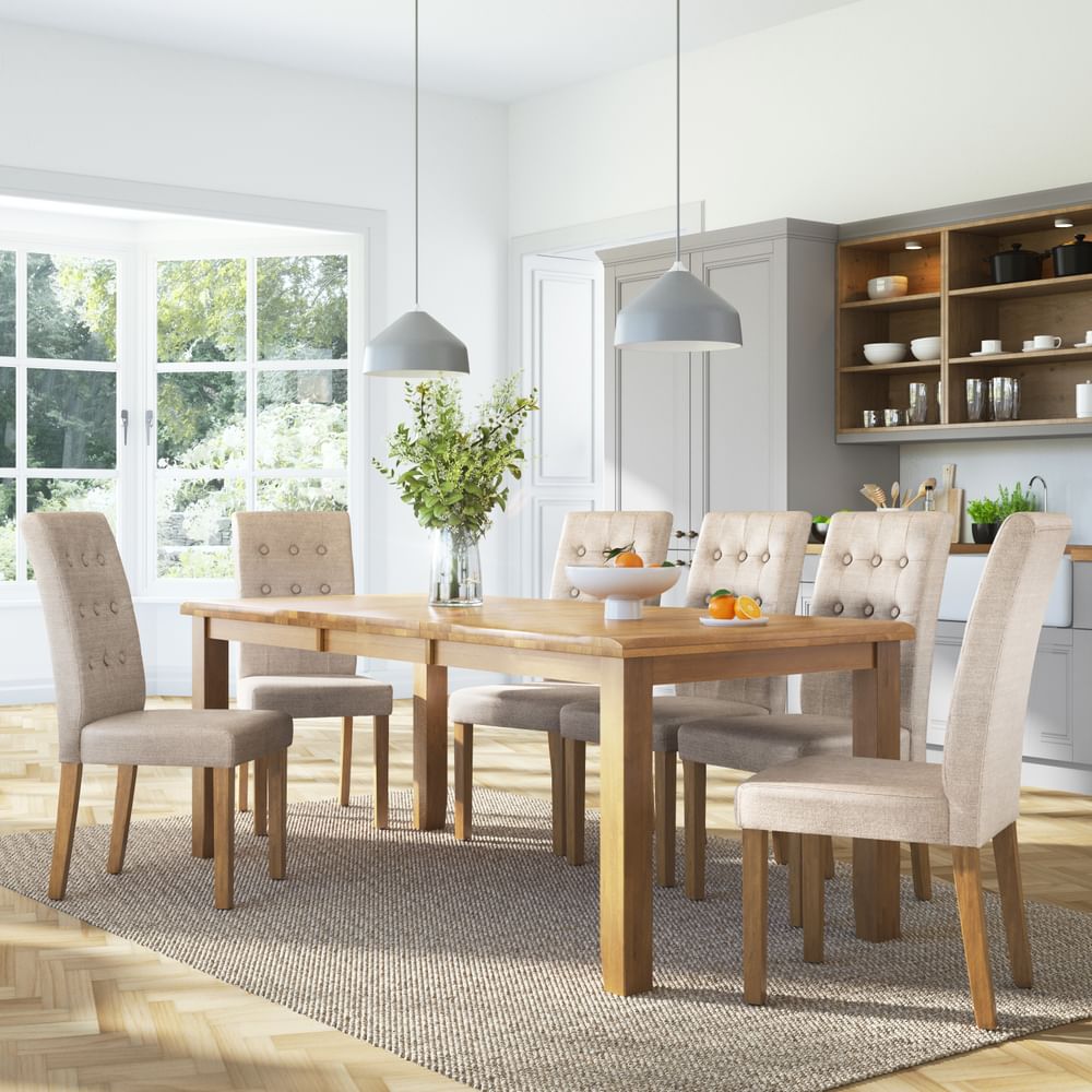 Highbury Extending Dining Table & 6 Regent Chairs, Natural Oak Finished Solid Hardwood, Oatmeal Classic Linen-Weave Fabric, 150-200cm