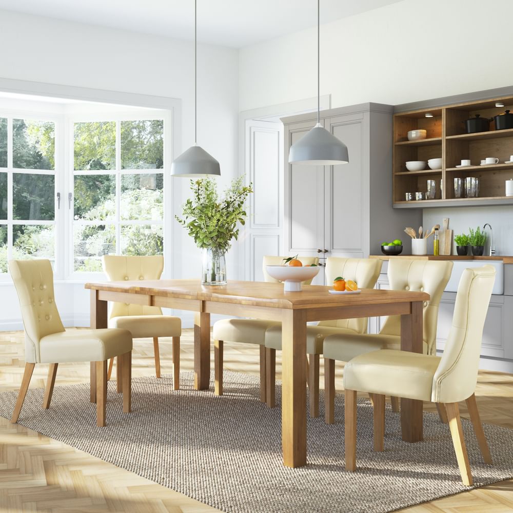 Highbury Extending Dining Table & 6 Bewley Chairs, Natural Oak Finished Solid Hardwood, Ivory Classic Faux Leather, 150-200cm