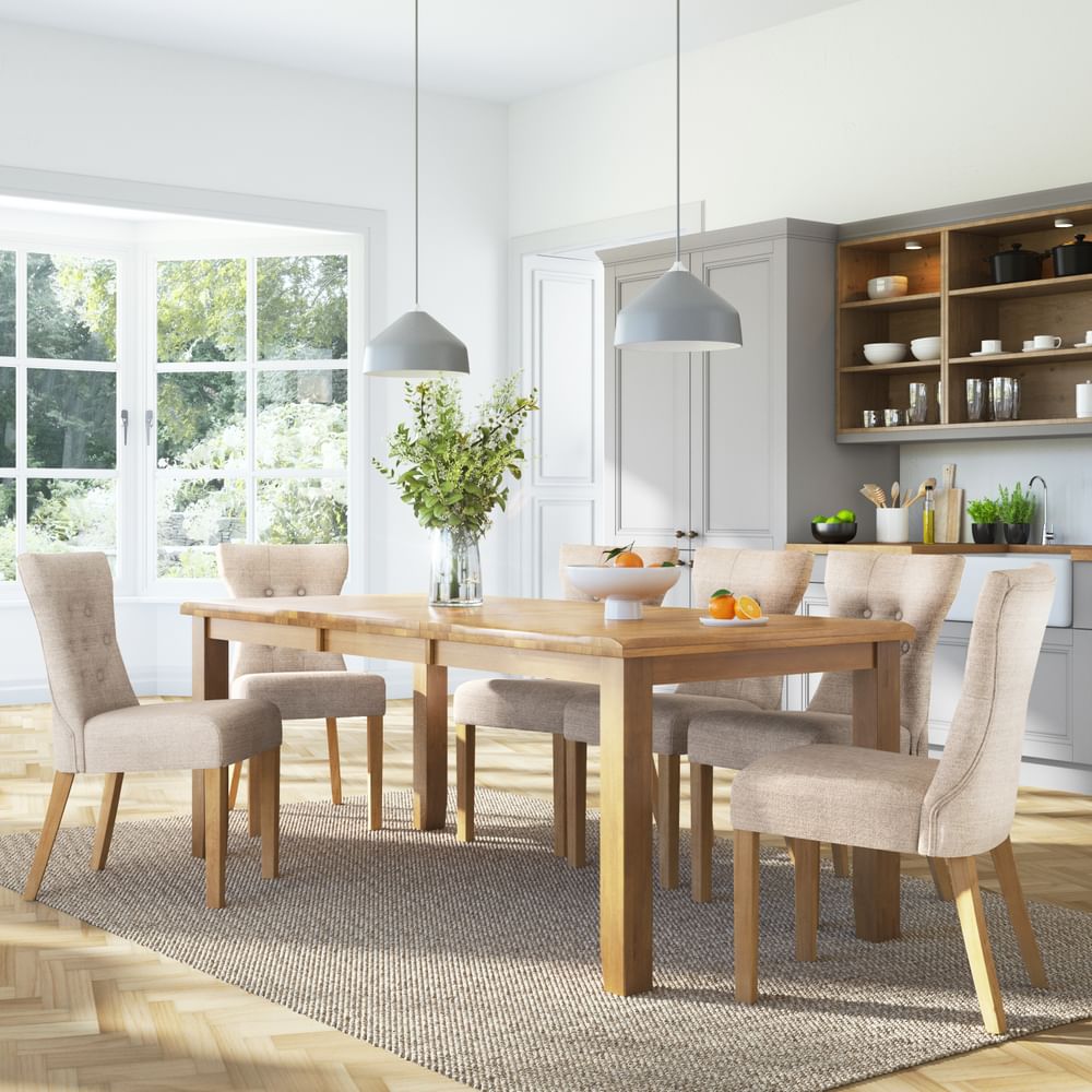 Highbury Extending Dining Table & 6 Bewley Chairs, Natural Oak Finished Solid Hardwood, Oatmeal Classic Linen-Weave Fabric, 150-200cm