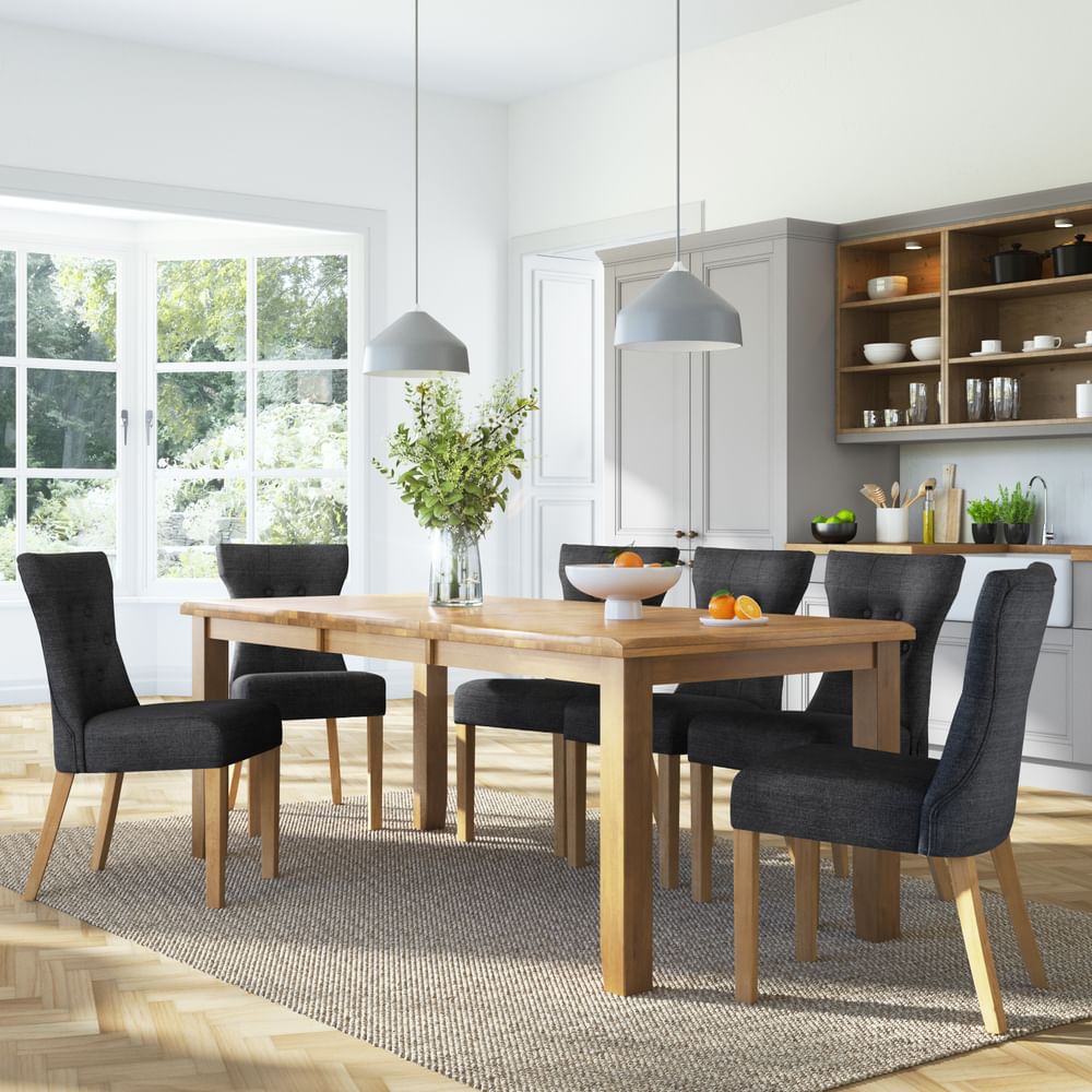 Highbury Extending Dining Table & 6 Bewley Chairs, Natural Oak Finished Solid Hardwood, Slate Grey Classic Linen-Weave Fabric, 150-200cm