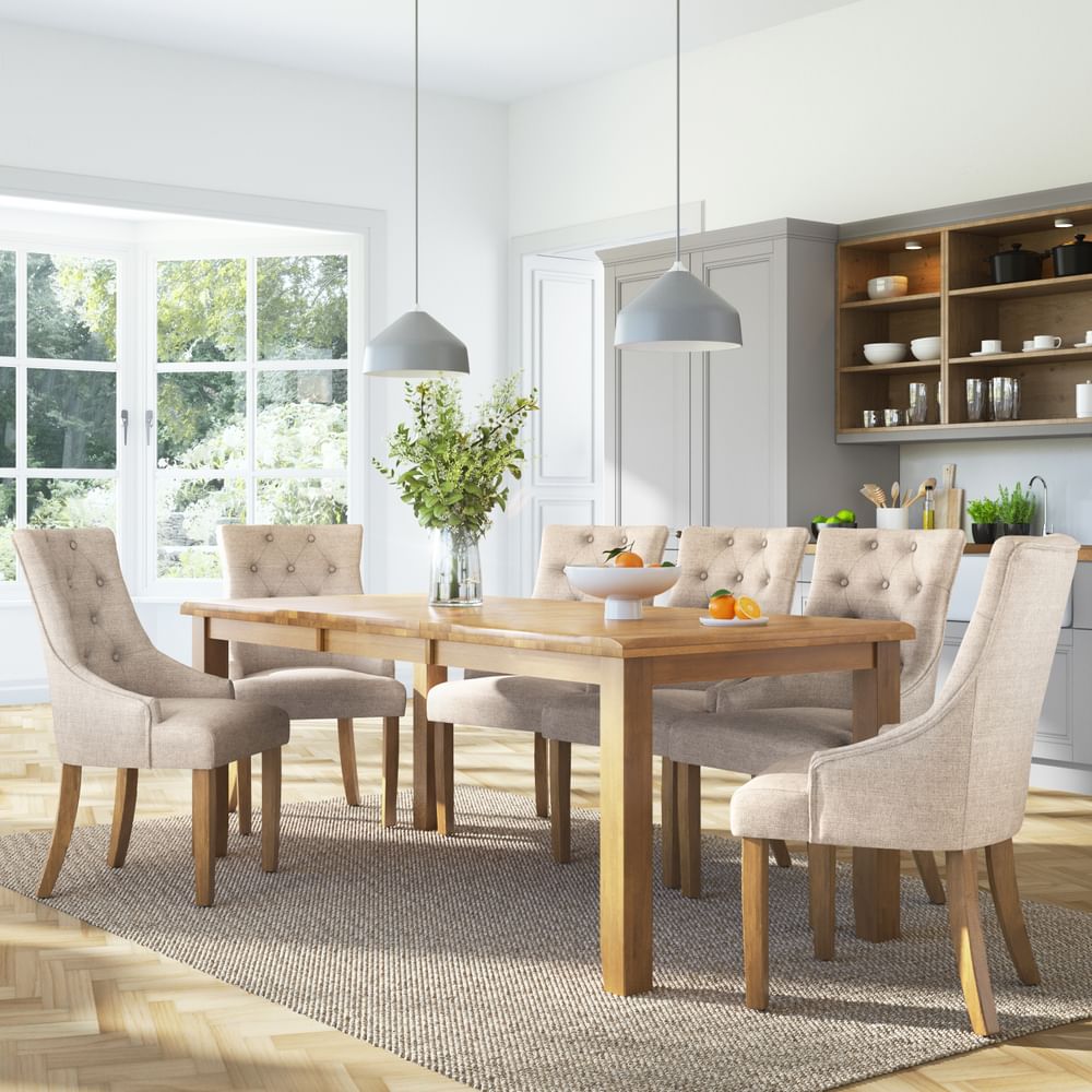 Highbury Extending Dining Table & 4 Duke Chairs, Natural Oak Finished Solid Hardwood, Oatmeal Classic Linen-Weave Fabric, 150-200cm