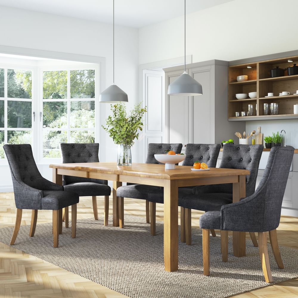 Highbury Extending Dining Table & 4 Duke Chairs, Natural Oak Finished Solid Hardwood, Slate Grey Classic Linen-Weave Fabric, 150-200cm