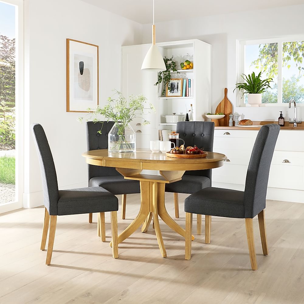 Hudson Round Extending Dining Table & 4 Regent Chairs, Natural Oak Finished Solid Hardwood, Slate Grey Classic Linen-Weave Fabric, 90-120cm