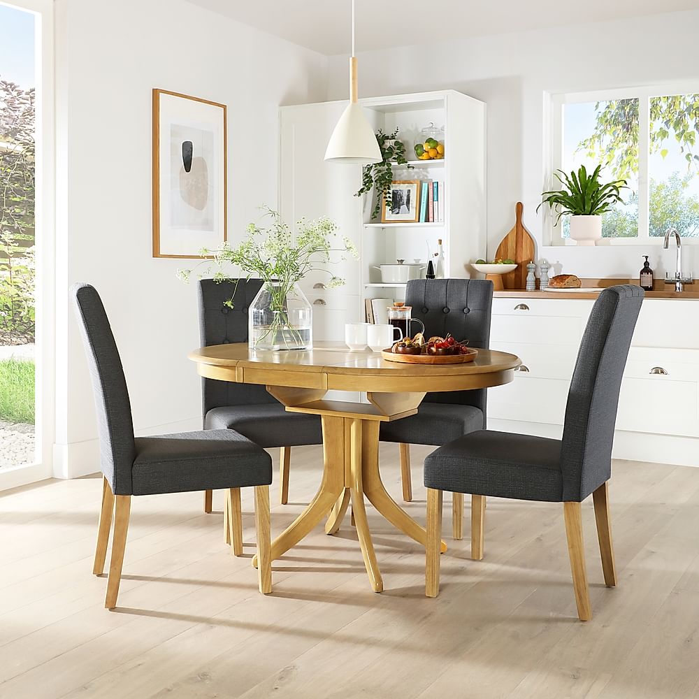 Hudson Round Extending Dining Table & 6 Regent Chairs, Natural Oak Finished Solid Hardwood, Slate Grey Classic Linen-Weave Fabric, 90-120cm