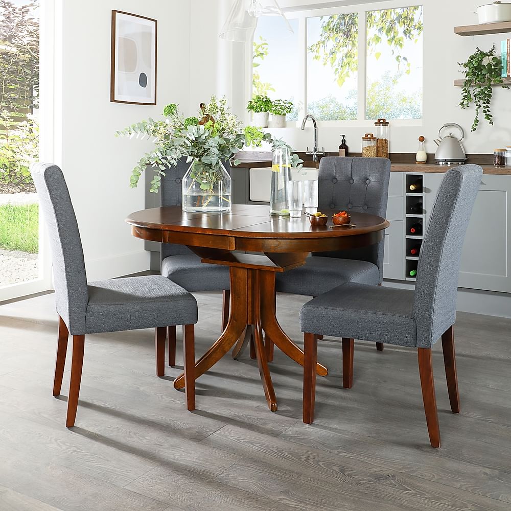 Hudson Round Extending Dining Table & 6 Regent Chairs, Dark Solid Hardwood, Slate Grey Classic Linen-Weave Fabric, 90-120cm