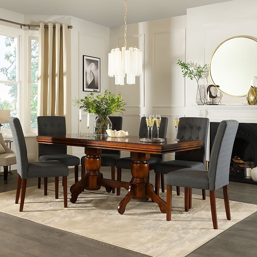 Chatsworth Extending Dining Table & 6 Regent Chairs, Dark Solid Hardwood, Slate Grey Classic Linen-Weave Fabric, 150-180cm