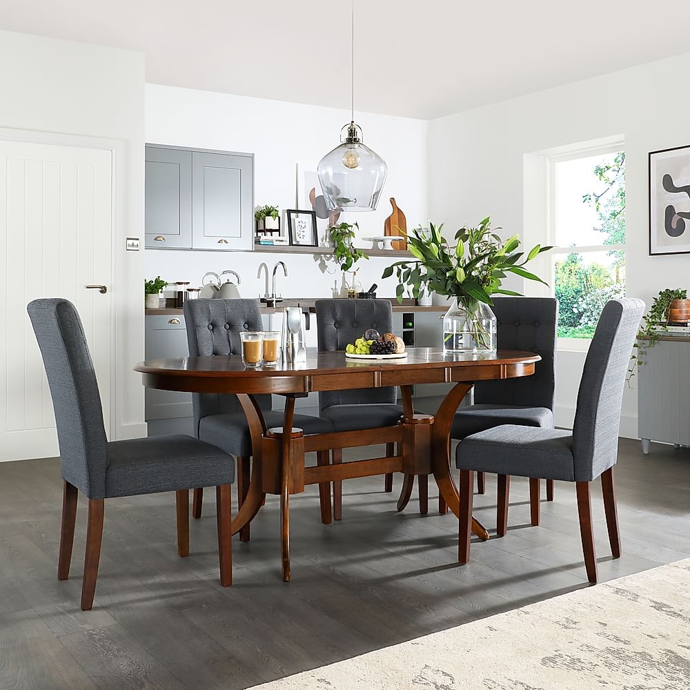 Townhouse Oval Extending Dining Table & 4 Regent Chairs, Dark Solid Hardwood, Slate Grey Classic Linen-Weave Fabric, 150-180cm