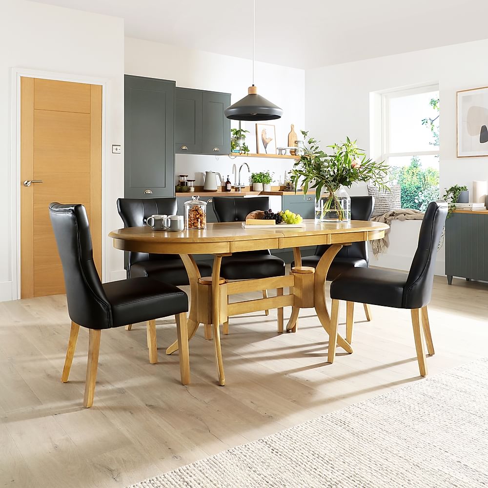 Townhouse Oval Extending Dining Table & 4 Bewley Chairs, Natural Oak Finished Solid Hardwood, Black Classic Faux Leather, 150-180cm