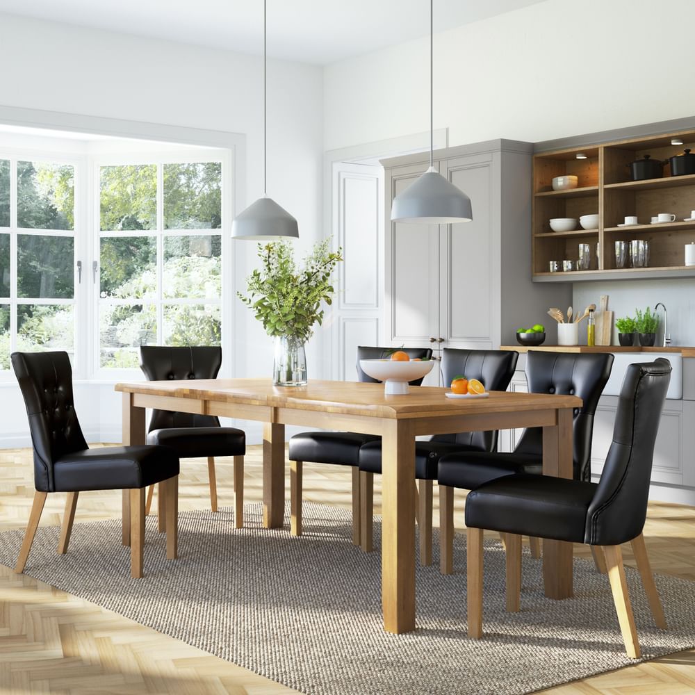 Highbury Extending Dining Table & 4 Bewley Chairs, Natural Oak Finished Solid Hardwood, Black Classic Faux Leather, 150-200cm