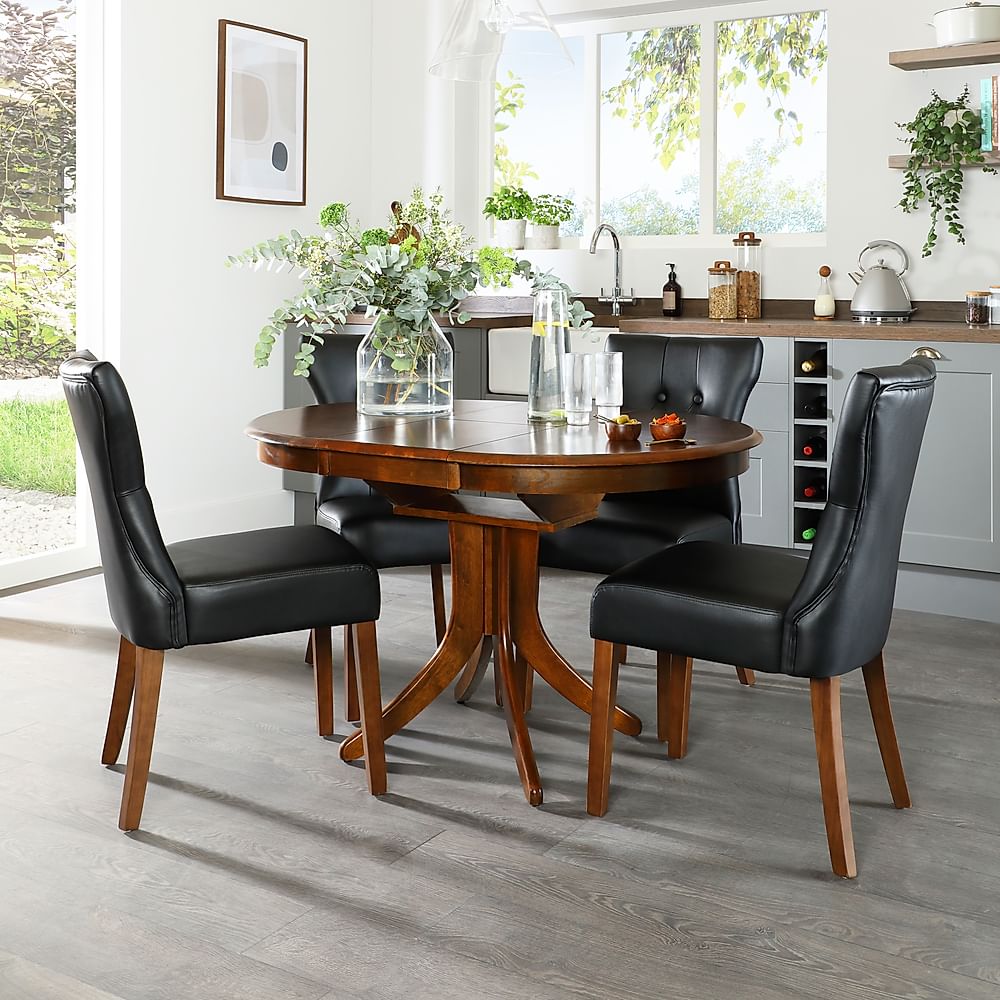 Hudson Round Extending Dining Table & 4 Bewley Chairs, Dark Solid Hardwood, Black Classic Faux Leather, 90-120cm