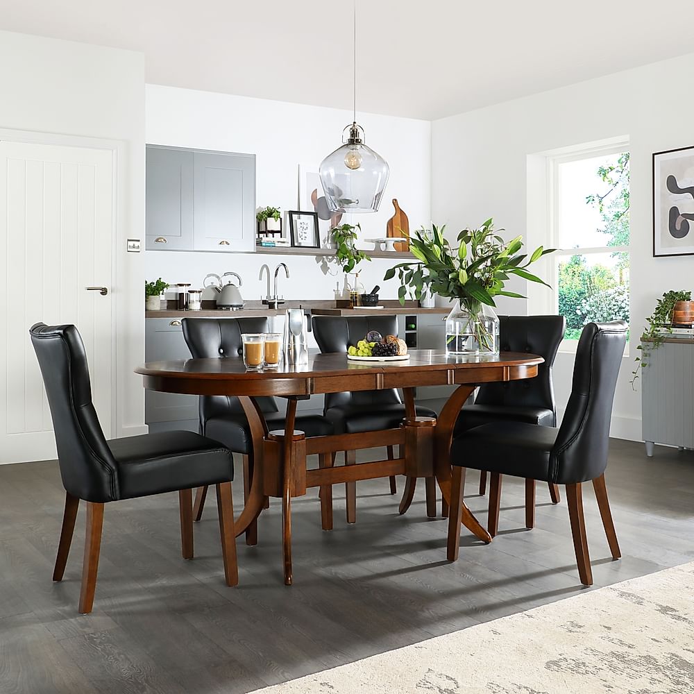 Townhouse Oval Extending Dining Table & 6 Bewley Chairs, Dark Solid Hardwood, Black Classic Faux Leather, 150-180cm