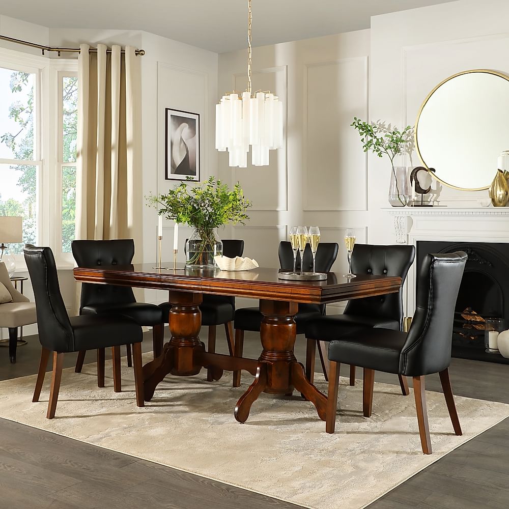 Chatsworth Extending Dining Table & 4 Bewley Chairs, Dark Solid Hardwood, Black Classic Faux Leather, 150-180cm