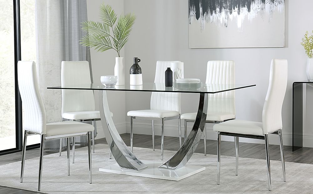 Peake Glass And Chrome Dining Table, Wood Dining Table With White Leather Chairs