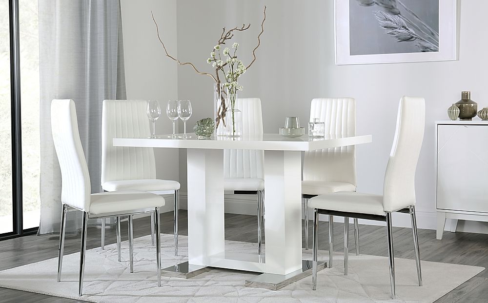 Joule Dining Table & 6 Leon Chairs, White High Gloss, White Classic Faux Leather & Chrome, 120cm