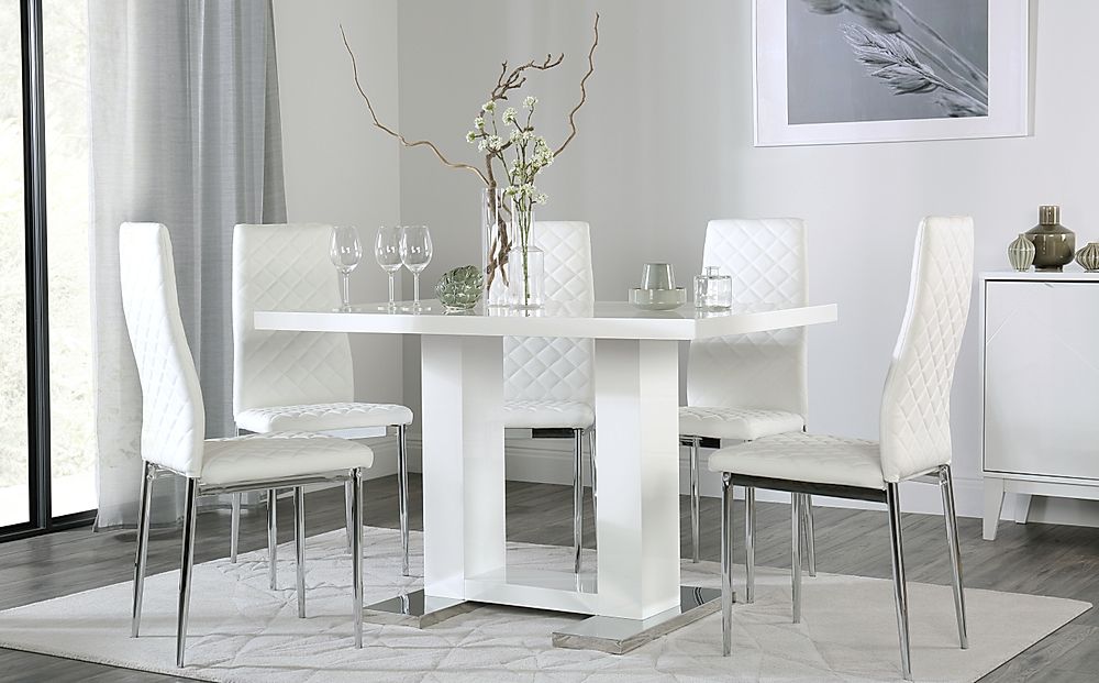 Joule Dining Table & 6 Renzo Chairs, White High Gloss, White Classic Faux Leather & Chrome, 120cm