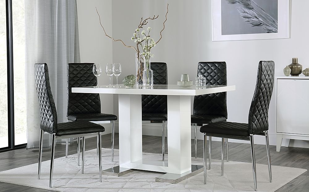 Joule Dining Table & 4 Renzo Chairs, White High Gloss, Black Classic Faux Leather & Chrome, 120cm