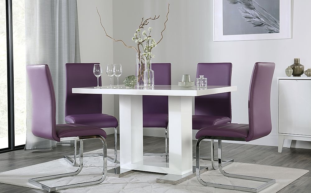 Joule Dining Table & 6 Perth Chairs, White High Gloss, Purple Classic Faux Leather & Chrome, 120cm