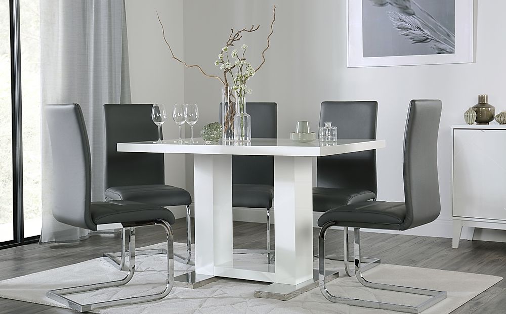 Joule Dining Table & 4 Perth Chairs, White High Gloss, Grey Classic Faux Leather & Chrome, 120cm