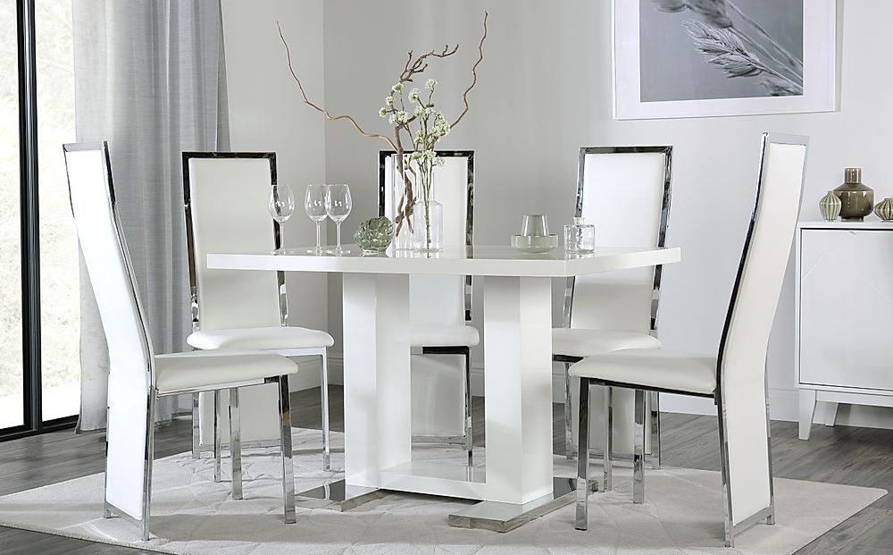 Joule Dining Table & 6 Celeste Chairs, White High Gloss, White Classic Faux Leather & Chrome, 120cm