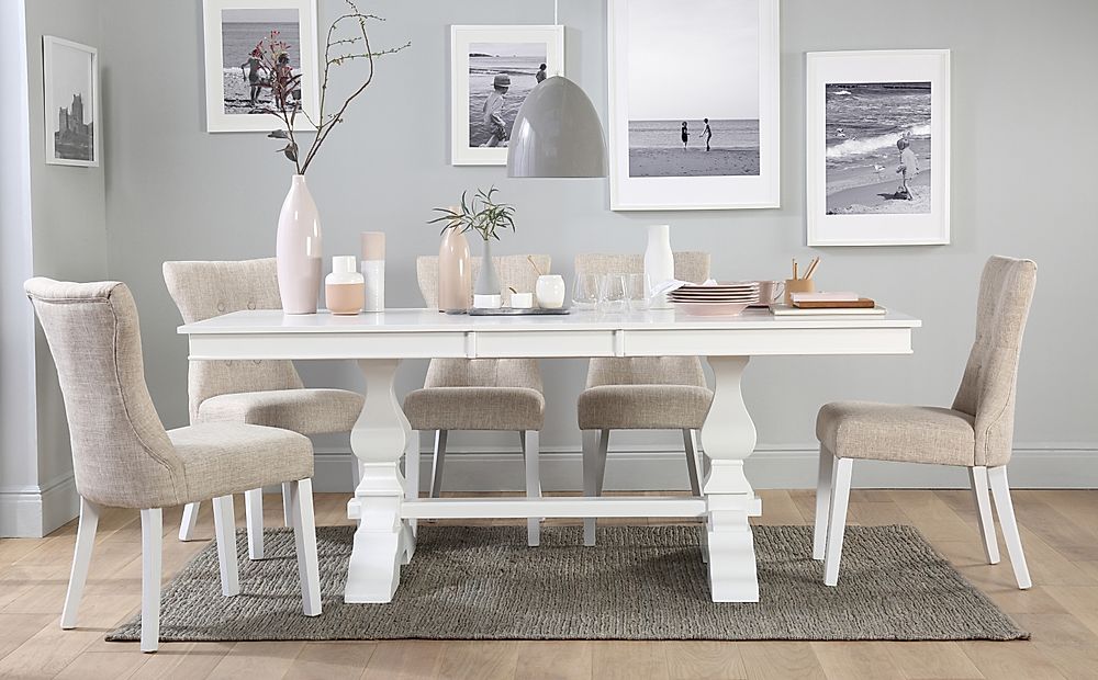 Cavendish Extending Dining Table & 4 Bewley Chairs, White Wood, Oatmeal Classic Linen-Weave Fabric, 160-200cm