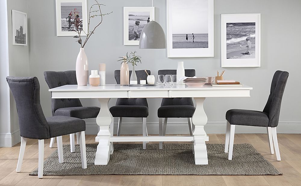 Cavendish Extending Dining Table & 8 Bewley Chairs, White Wood, Slate Grey Classic Linen-Weave Fabric, 160-200cm