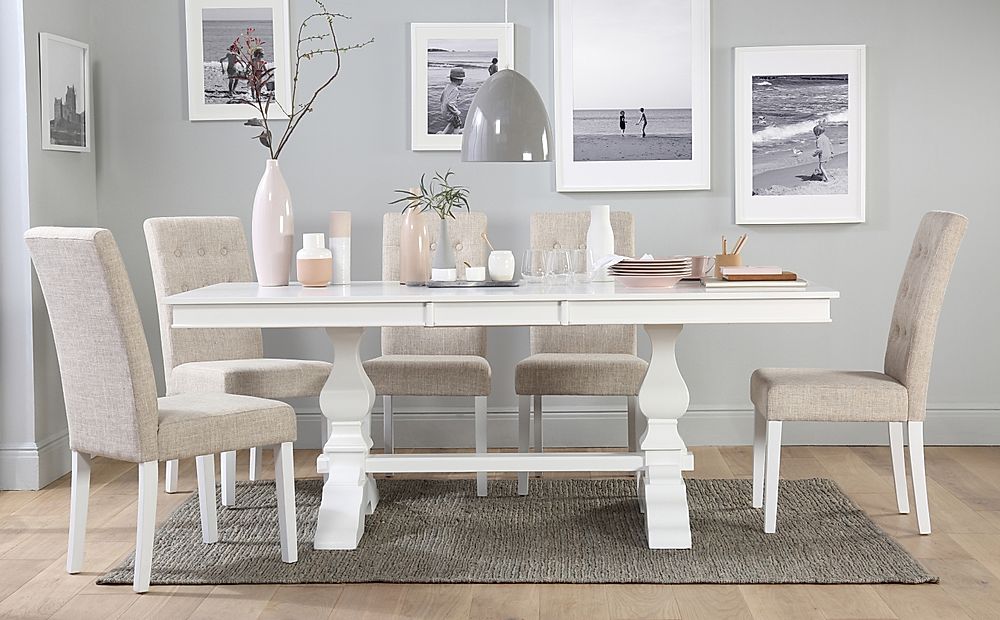 Cavendish Extending Dining Table & 6 Regent Chairs, White Wood, Oatmeal Classic Linen-Weave Fabric, 160-200cm