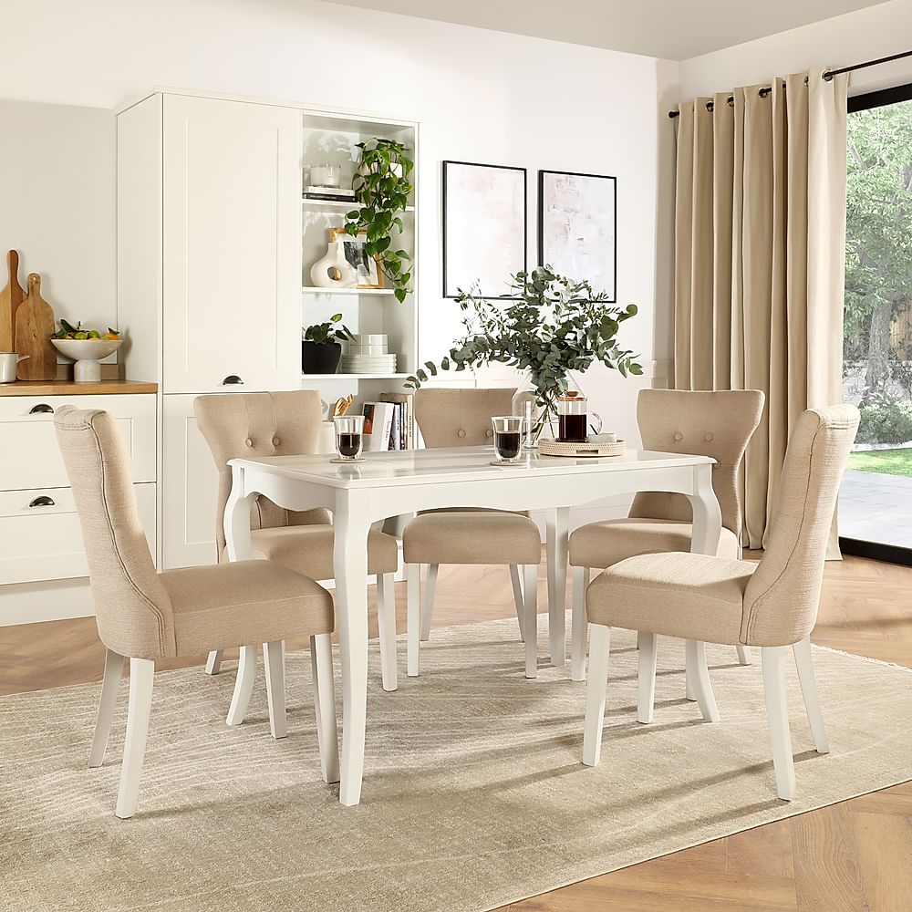 Clarendon Dining Table & 4 Bewley Chairs, White Wood, Oatmeal Classic Linen-Weave Fabric, 120cm