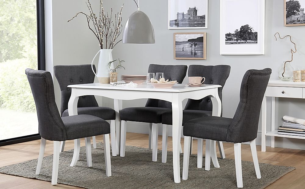 Clarendon Dining Table & 4 Bewley Chairs, White Wood, Slate Grey Classic Linen-Weave Fabric, 120cm