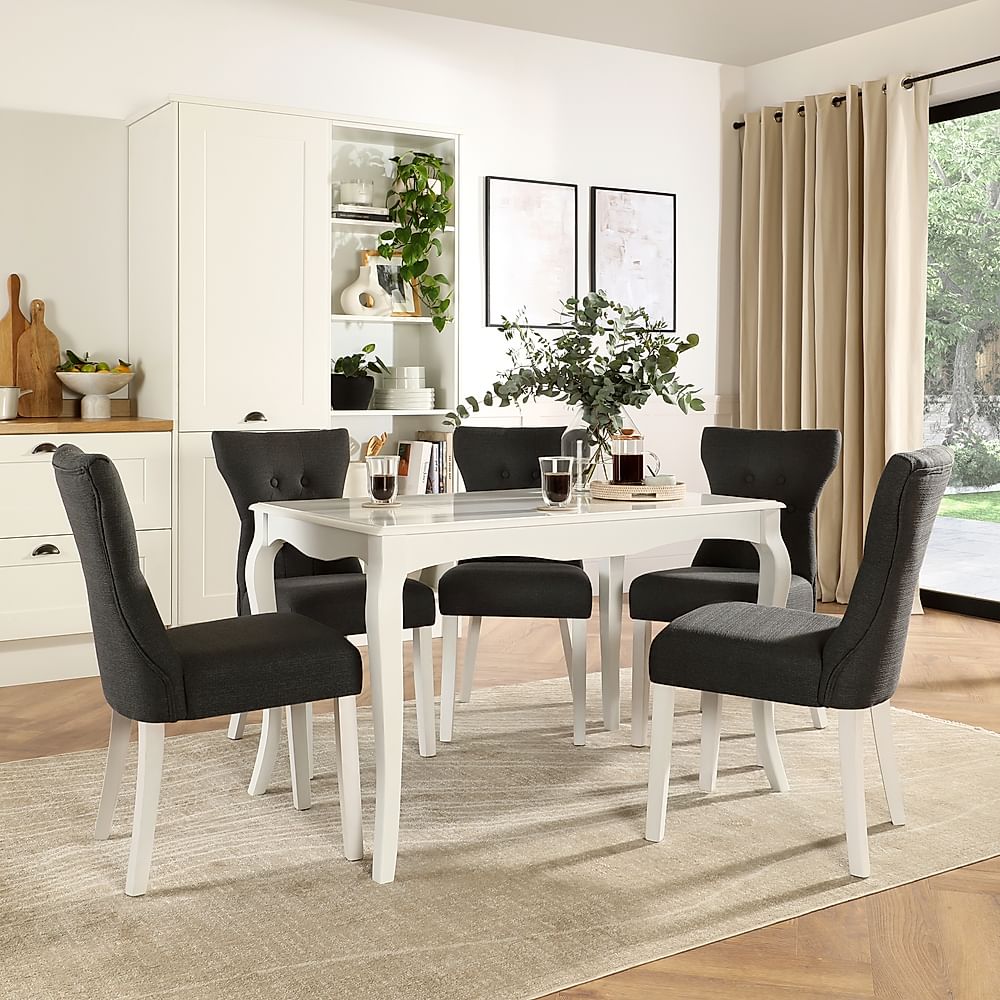 Clarendon Dining Table & 6 Bewley Chairs, White Wood, Slate Grey Classic Linen-Weave Fabric, 120cm