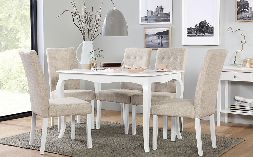 Clarendon Dining Table & 4 Regent Chairs, White Wood, Oatmeal Classic Linen-Weave Fabric, 120cm