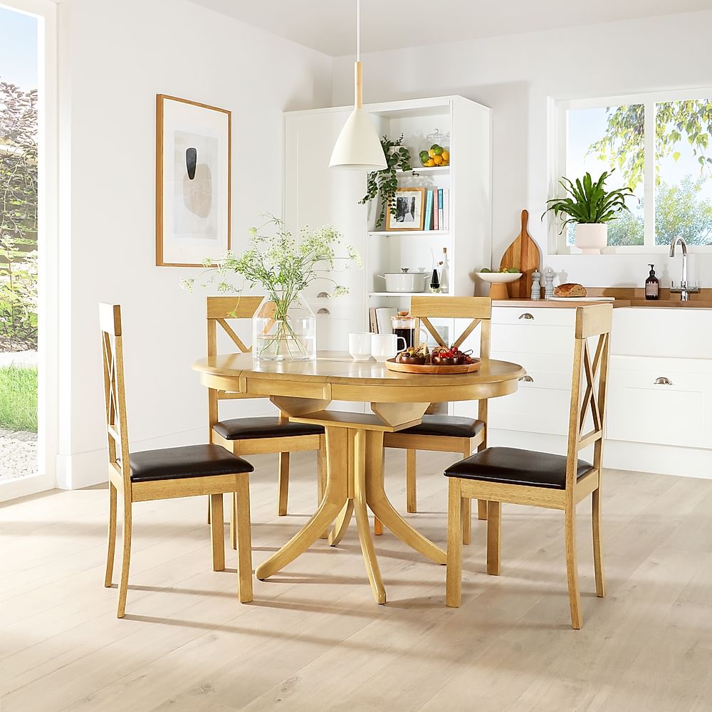 Hudson Round Extending Dining Table & 6 Kendal Chairs, Natural Oak Finished Solid Hardwood, Brown Classic Faux Leather, 90-120cm